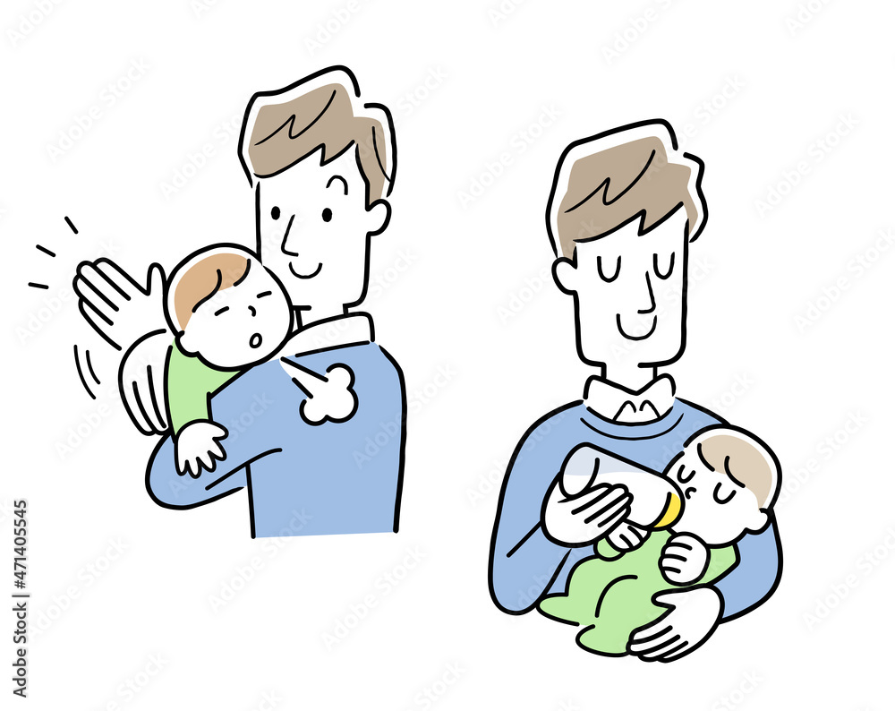 育児、子育て:赤ちゃんにミルクを与えた後、げっぷさせる父親
育児、子育て:赤ちゃんにミルクを与えた後、げっぷさせる父親