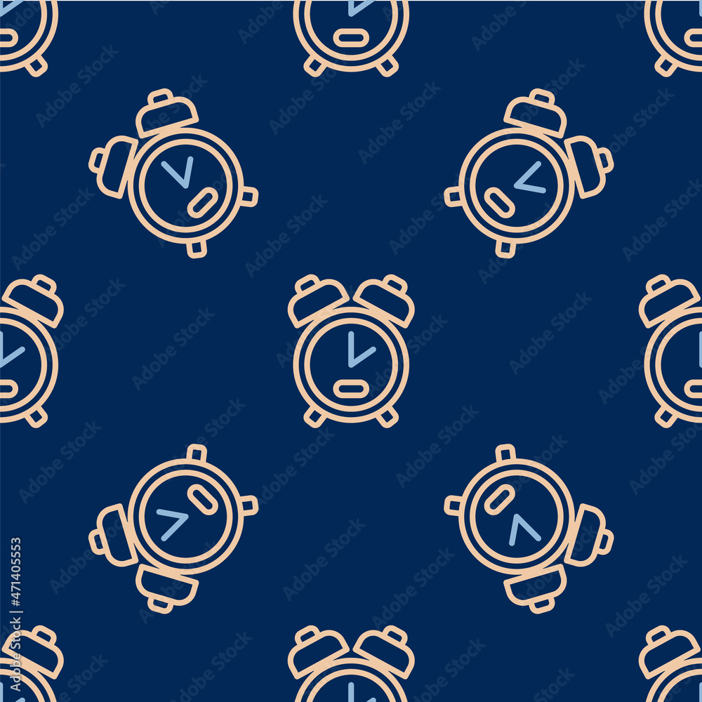 Line Alarm clock icon isolated seamless pattern on blue background. Wake up, get up concept. Time sign. Vector