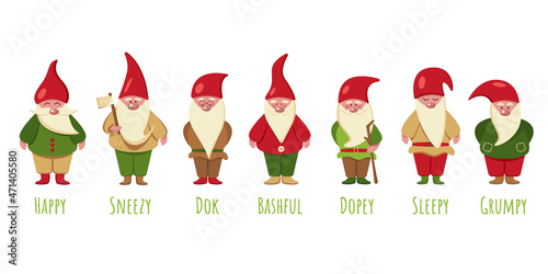 Fototapeta Seven gnomes from a fairy tale on a white background