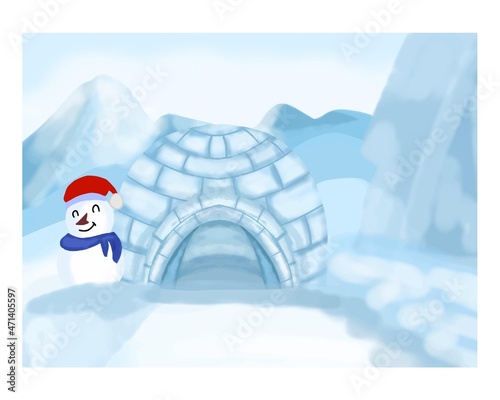Illustration of an igloo in winter high season mountains. ice pole view