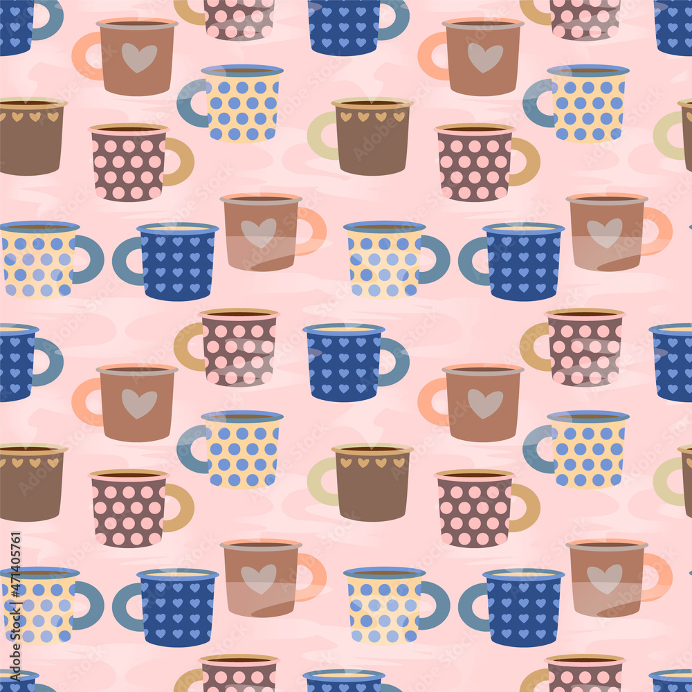seamless pattern with the image of hot delicious drinks in beautiful cups.