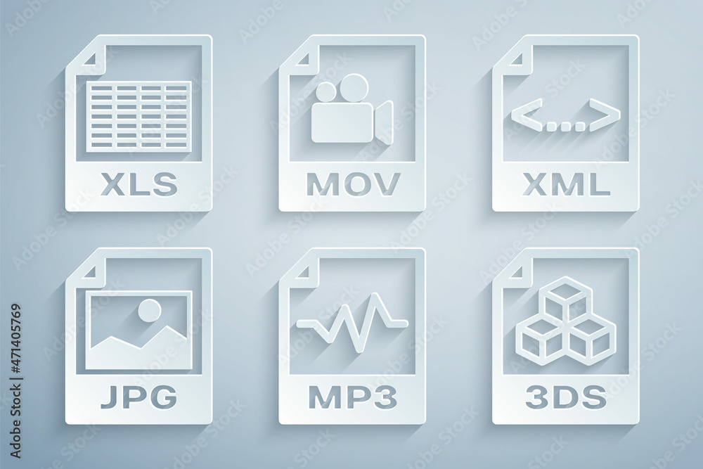 Set MP3 file document, XML, JPG, 3DS, MOV and XLS icon. Vector Set MP3 file document, XML, JPG, 3DS, MOV and XLS icon. Vector