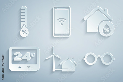 Set House with wind turbine, humidity, Thermostat, Glasses, Mobile wi-fi wireless and Humidity icon. Vector