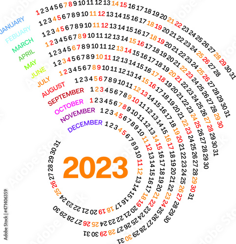 2023 Calendar year vector illustration. Creative and colourful calendar vector.