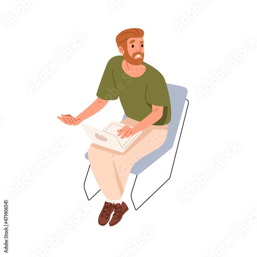 Confused person with trouble at work, problems and difficulties with laptop computer. Sad employee in confusion after fails and mistakes. Flat vector illustration isolated on white background
