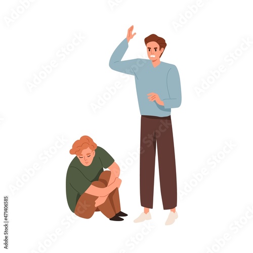 Angry screaming person and depressed unhappy victim of psychological violence, bullying, pressure and abuse. Aggressive man shouting in anger. Flat vector illustration isolated on white background