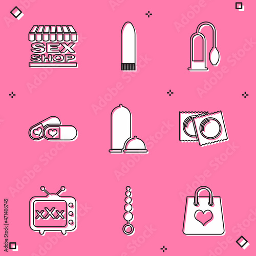 Set Sex shop building, Dildo vibrator, Penis pump, Pills for potency, Condoms safe sex, package, tv old television and Anal beads icon. Vector