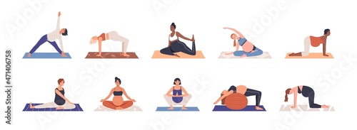 Pregnant women doing prenatal yoga exercises set. Mothers with bellies at fitness workout during pregnancy. Stretching gymnastics for moms. Flat vector illustration isolated on white background