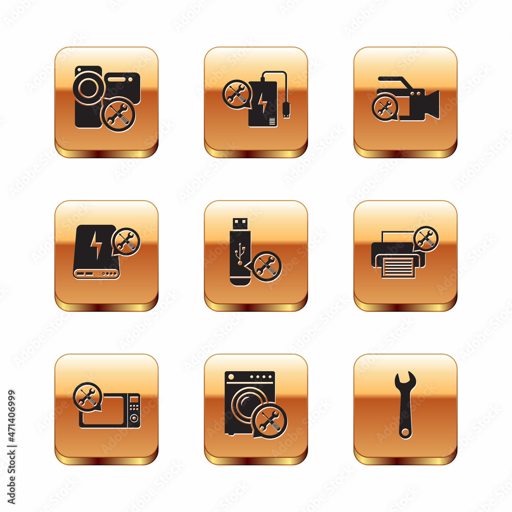 Set Video camera service, Microwave oven, Washer, USB flash drive, Power bank, Wrench and icon. Vector Set Video camera service, Microwave oven, Washer, USB flash drive, Power bank, Wrench and icon. Vector