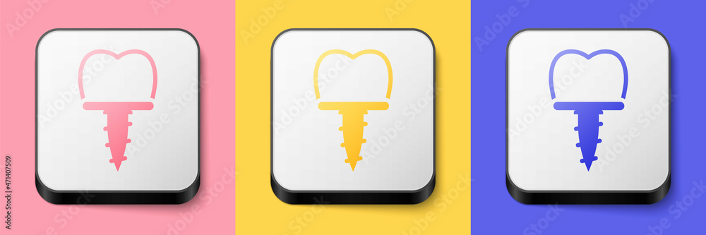 Isometric Dental implant icon isolated on pink, yellow and blue background. Square button. Vector Isometric Dental implant icon isolated on pink, yellow and blue background. Square button. Vector