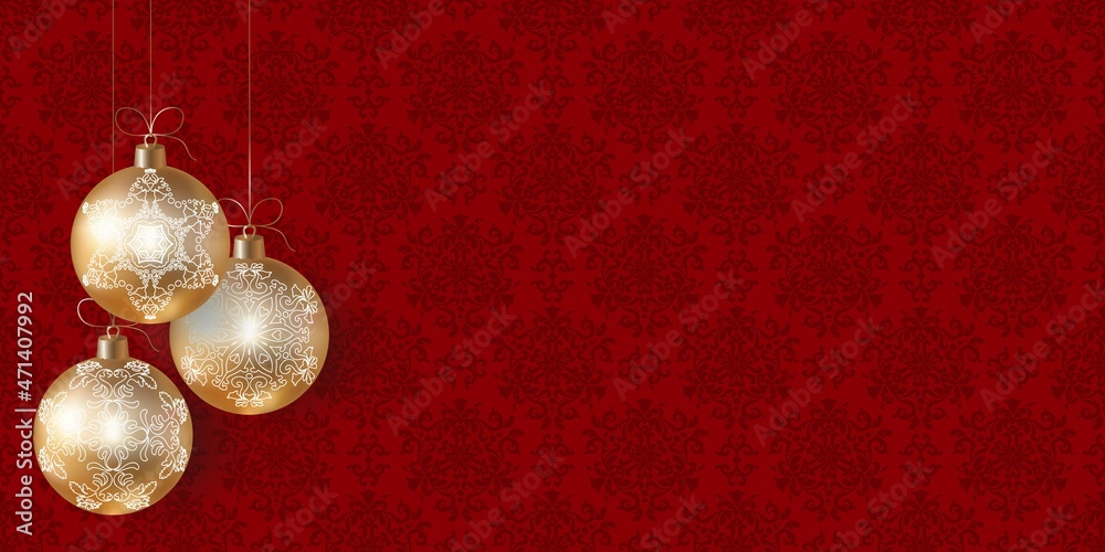 New Year or Christmas red patterned background with gold realistic Christmas tree balls and space for text. Background with Christmas toys. Red and gold color. Vector. Modern background design.