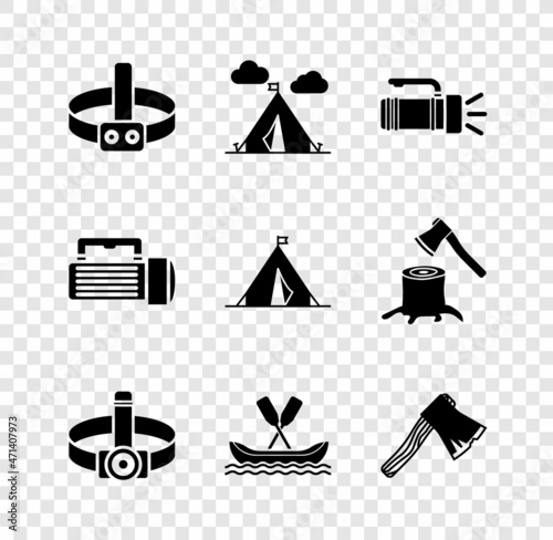 Set Head flashlight, Tourist tent with flag, Flashlight, Rafting boat, Old wooden axe, and icon. Vector