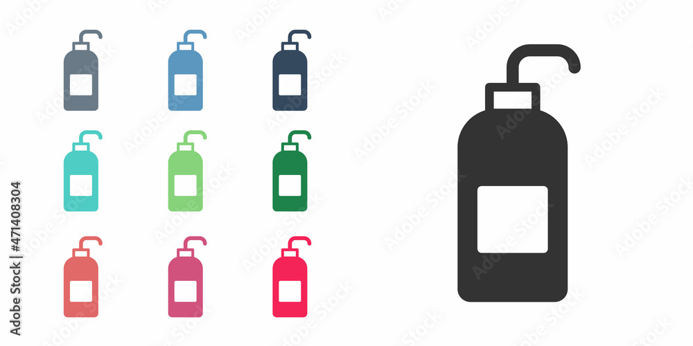 Black Bottle of liquid antibacterial soap with dispenser icon isolated on white background. Antiseptic. Disinfection, hygiene, skin care. Set icons colorful. Vector Black Bottle of liquid antibacterial soap with dispenser icon isolated on white background. Antiseptic. Disinfection, hygiene, skin care. Set icons colorful. Vector