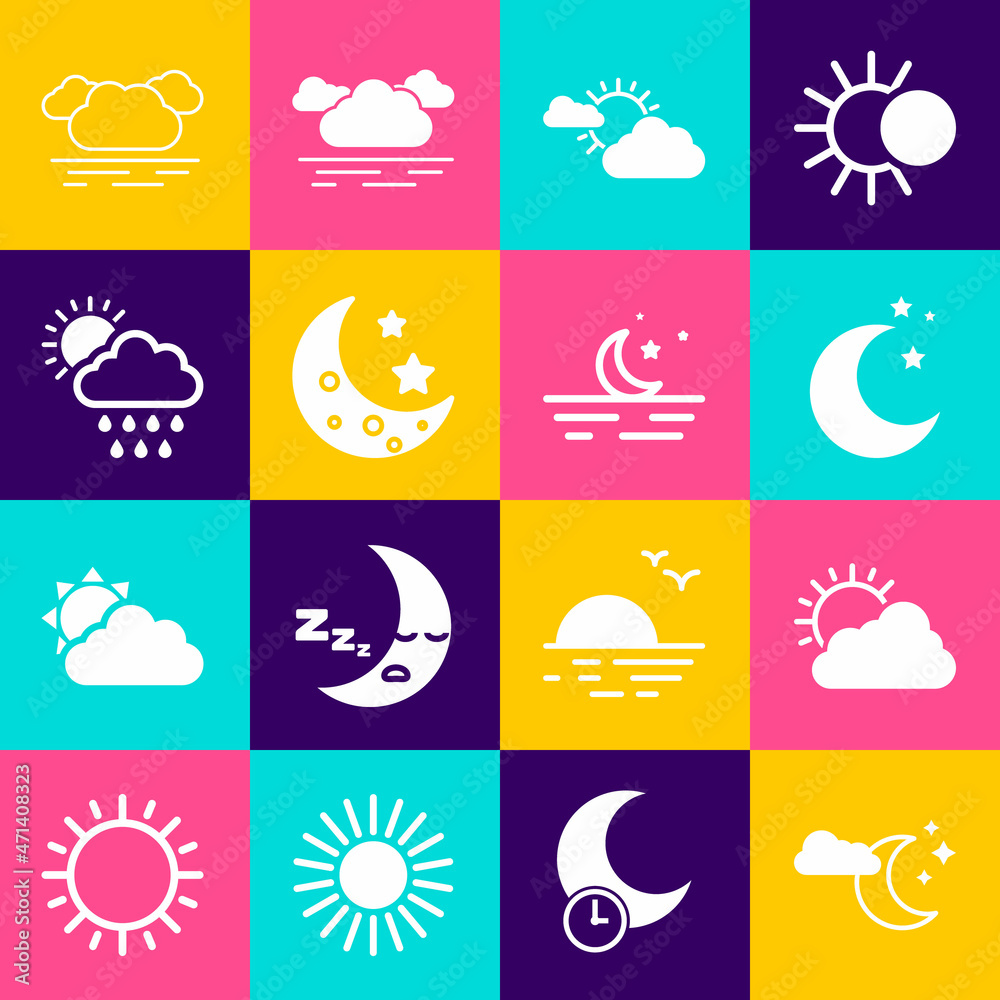 Set Cloud with moon and stars, Sun cloud weather, Moon, rain sun, and icon. Vector