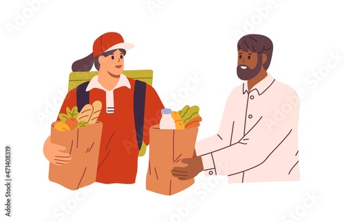 Grocery delivery. Person receiving delivered goods from shop. Courier and customer with paper bags. Deliveryman giving food products in packages. Flat vector illustration isolated on white background