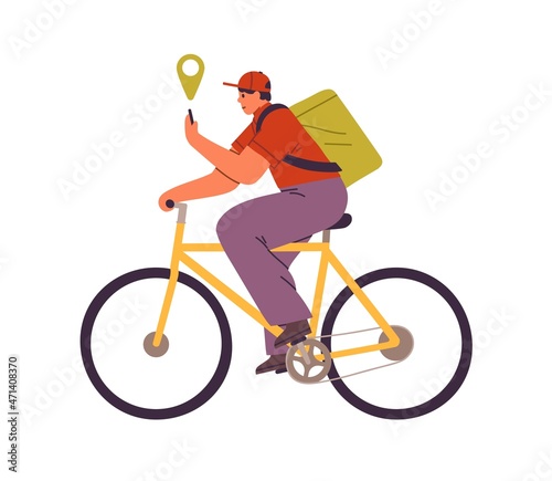 Courier on bicycle, delivering food and goods. Deliveryman with bag riding bike, looking for route in smartphone. Man with backpack cycling. Flat vector illustration isolated on white background