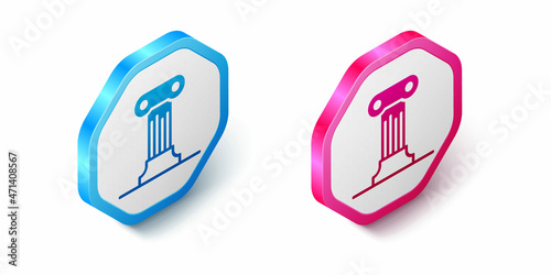 Isometric Law pillar icon isolated on white background. Ancient column. Hexagon button. Vector