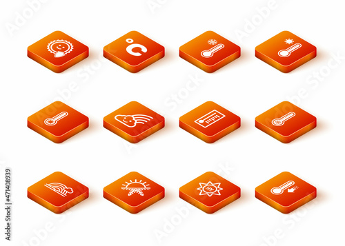 Set Rainbow with cloud, Sun and snowflake, Meteorology thermometer, UV protection, and icon. Vector