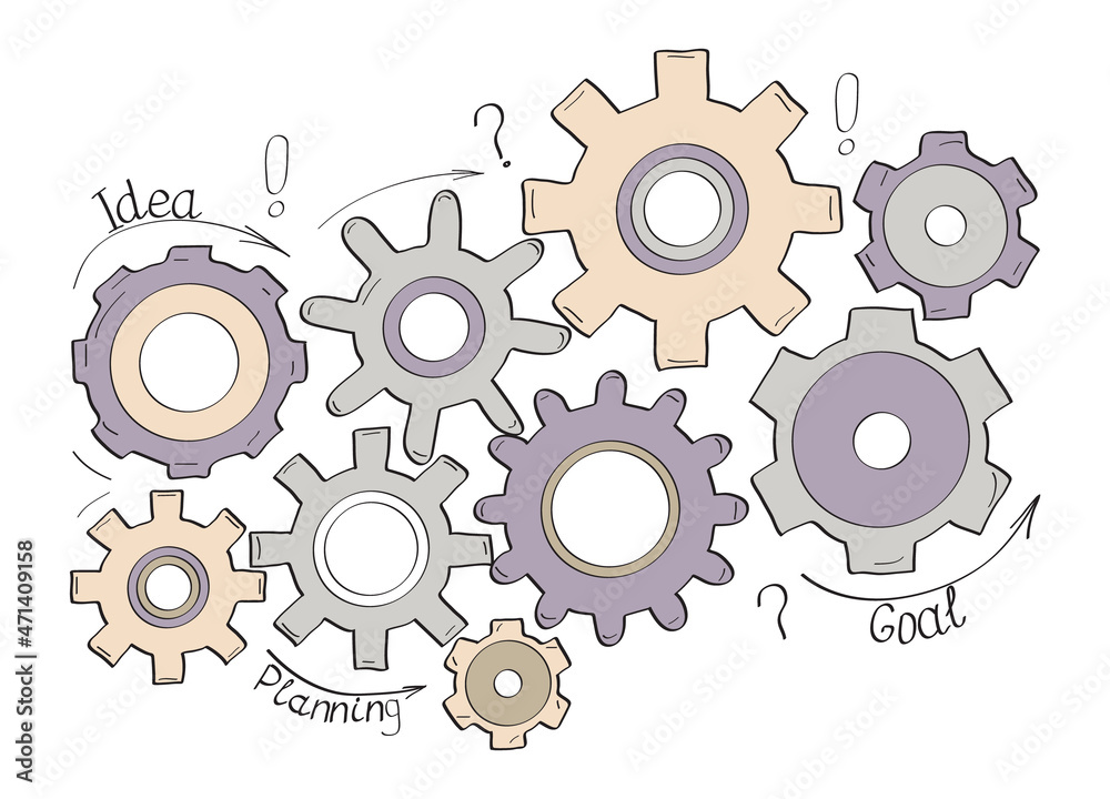 Gears vector set in hand drawn style. Goal, Planning, idea concept doodle illustration. Sketch gear infographic elements. Gears vector set in hand drawn style. Goal, Planning, idea concept doodle illustration. Sketch gear infographic elements.