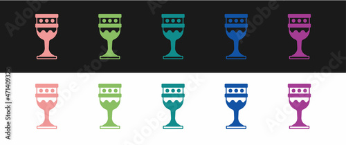 Set Medieval goblet icon isolated on black and white background. Holy grail. Vector