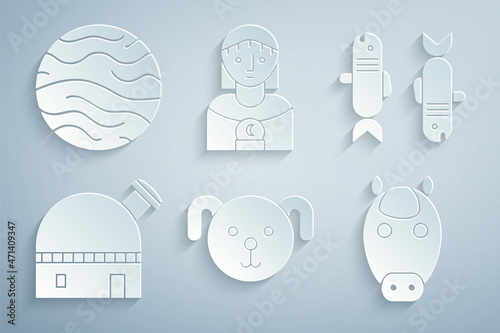 Set Dog zodiac, Pisces, Astronomical observatory, Horse, Astrology woman and Planet Venus icon. Vector