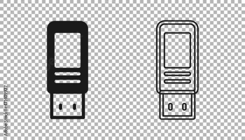 Black USB flash drive icon isolated on transparent background. Vector