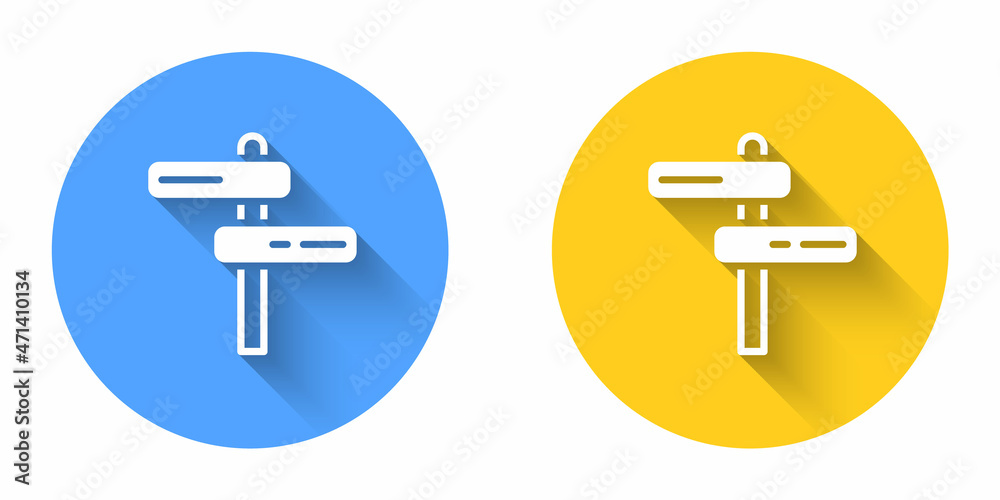 White Road traffic sign. Signpost icon isolated with long shadow background. Pointer symbol. Isolated street information sign. Direction sign. Circle button. Vector White Road traffic sign. Signpost icon isolated with long shadow background. Pointer symbol. Isolated street information sign. Direction sign. Circle button. Vector