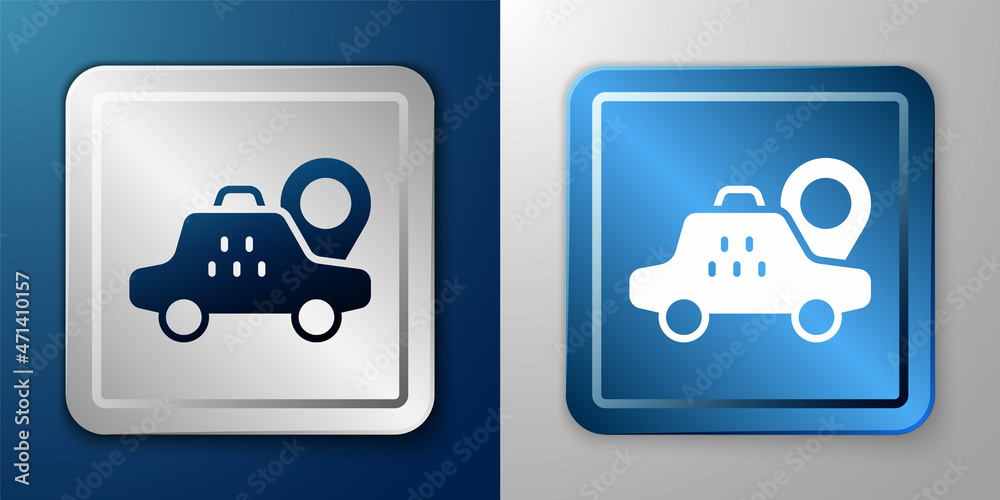 White Map pointer with taxi car icon isolated on blue and grey background. Location symbol. Silver and blue square button. Vector White Map pointer with taxi car icon isolated on blue and grey background. Location symbol. Silver and blue square button. Vector