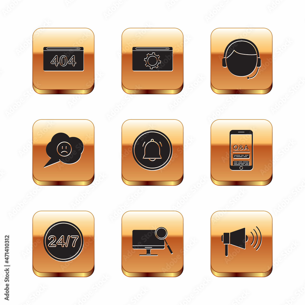 Set Page with a 404 error, Clock 24 hours, Computer monitor diagnostics, Button chat notification, Speech bubble sad smile, Man headset, Megaphone and Setting icon. Vector Set Page with a 404 error, Clock 24 hours, Computer monitor diagnostics, Button chat notification, Speech bubble sad smile, Man headset, Megaphone and Setting icon. Vector