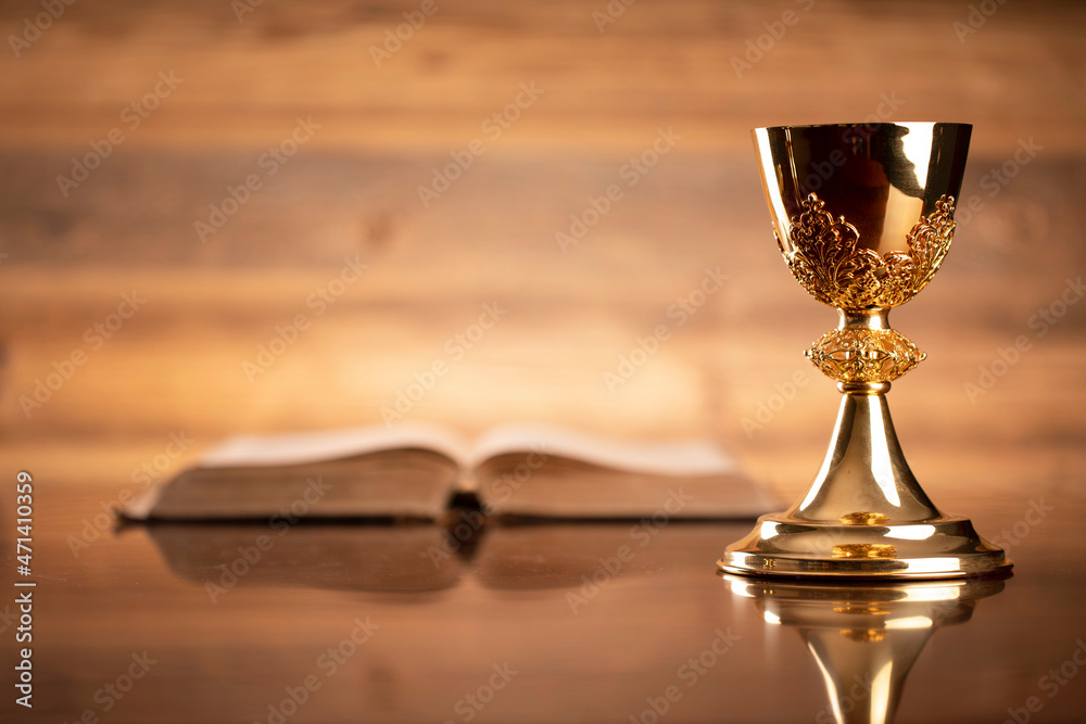 Catholic symbols composition. Religion concept. Holy Bible, rosary and