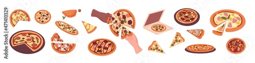 Pizza set. Italian food pieces and triangle slices with cheese, vegetables, mushrooms, ham, meat, sausages, fish, shrimp and other ingredients. Flat vector illustration isolated on white background