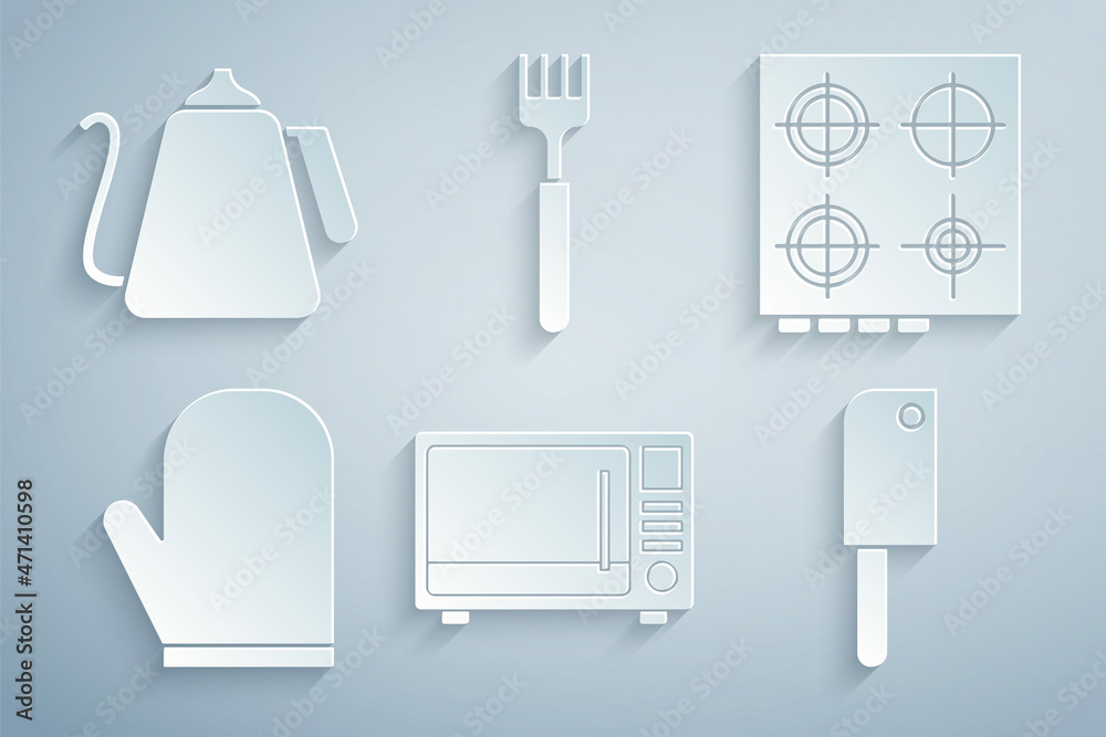 Set Microwave oven, Gas stove, Oven glove, Meat chopper, Fork and Kettle with handle icon. Vector Set Microwave oven, Gas stove, Oven glove, Meat chopper, Fork and Kettle with handle icon. Vector