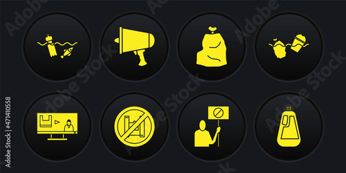 Set Stop plastic pollution, Problem of the ocean, Say no bags poster, Nature saving protest, Garbage, Spread word, megaphone, Bottle for dishwashing liquid and icon. Vector