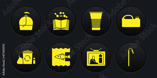 Set Recycle bin with recycle, Canister for machine oil, Stop ocean plastic pollution, Paper glass, Open book, Drinking straw and Bottle of liquid soap icon. Vector