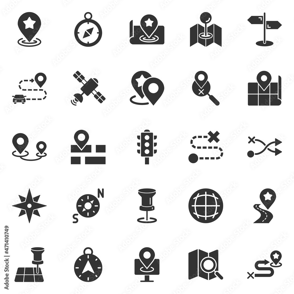 Navigation icon set in flat style. Gps direction vector illustration on white isolated background. Locate pin position business concept. Navigation icon set in flat style. Gps direction vector illustration on white isolated background. Locate pin position business concept.
