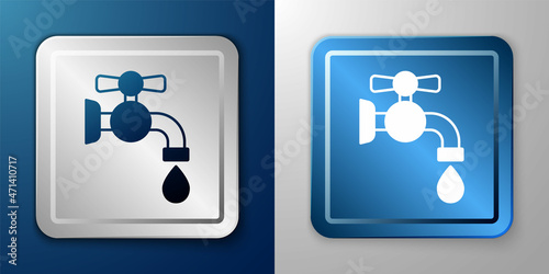 White Water tap icon isolated on blue and grey background. Silver and blue square button. Vector