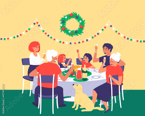 A family with a dog celebrates Thanksgiving at the festive table. Labrador looks at grandfather. Parents and grandparents raised glasses of champagne, children - juice. Flat vector illustration.