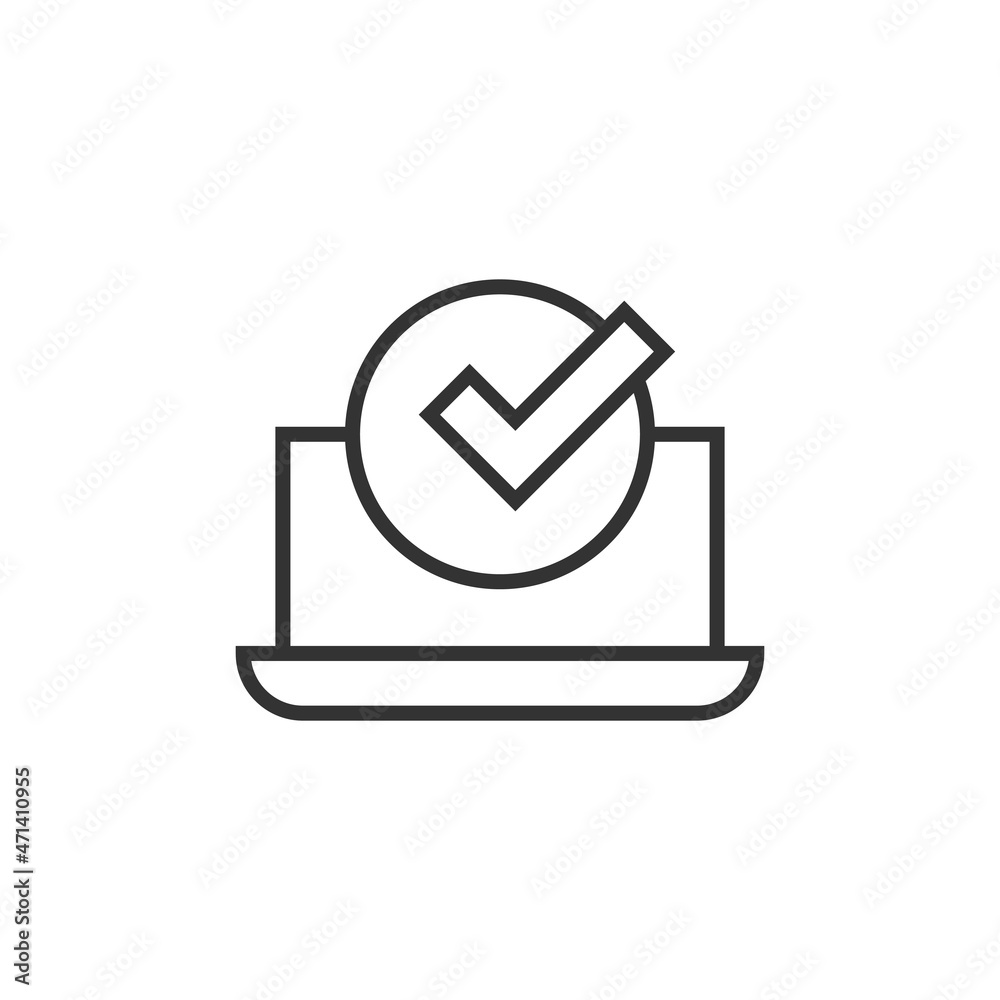 Laptop check mark icon in flat style. Computer approval vector illustration on white isolated background. Confirm business concept. Laptop check mark icon in flat style. Computer approval vector illustration on white isolated background. Confirm business concept.