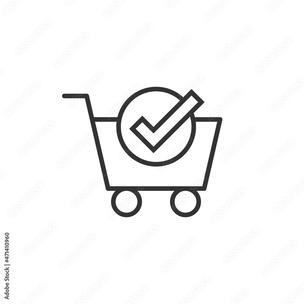 Shopping cart check mark icon in flat style. Buy approval vector illustration on white isolated background. Confirm business concept. Shopping cart check mark icon in flat style. Buy approval vector illustration on white isolated background. Confirm business concept.