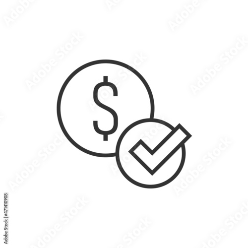 Coin check mark icon in flat style. Money approval vector illustration on white isolated background. Confirm business concept.