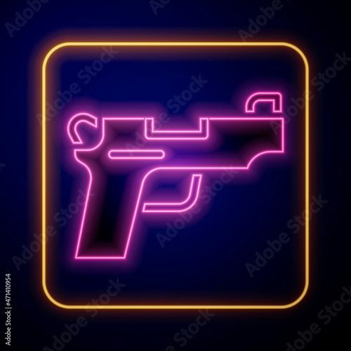 Glowing neon Pistol or gun icon isolated on black background. Police or military handgun. Small firearm. Vector