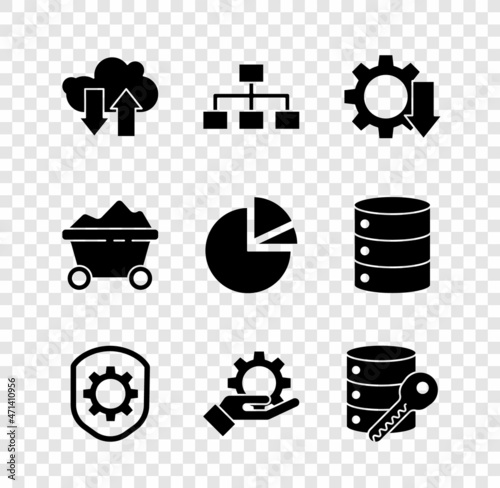 Set Cloud download and upload, Hierarchy organogram chart, Cost reduction, Shield with settings gear, Hand, Server security key, Coal mine trolley and Pie infographic icon. Vector