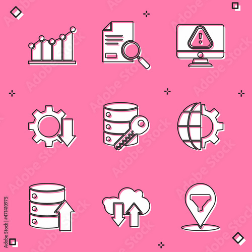 Set Pie chart infographic, Monitor exclamation mark, Cost reduction, Server security key, Globe of the Earth and gear, Server, Data, Web Hosting and Cloud download upload icon. Vector