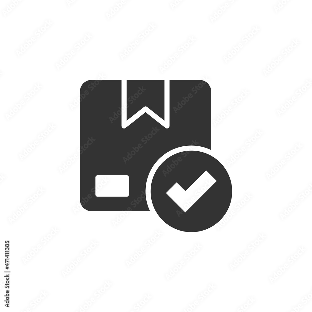 Shipping box check icon in flat style. Container approve vector illustration on white isolated background. Cardboard package business concept. Shipping box check icon in flat style. Container approve vector illustration on white isolated background. Cardboard package business concept.