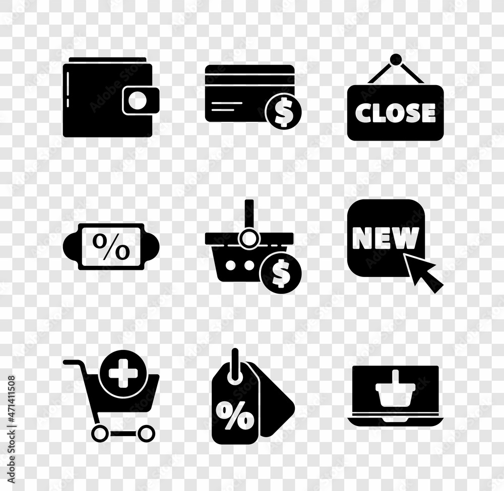 Set Wallet, Credit card and dollar, Hanging sign with Closed, Add to Shopping cart, Discount percent tag, basket on laptop, and icon. Vector Set Wallet, Credit card and dollar, Hanging sign with Closed, Add to Shopping cart, Discount percent tag, basket on laptop, and icon. Vector