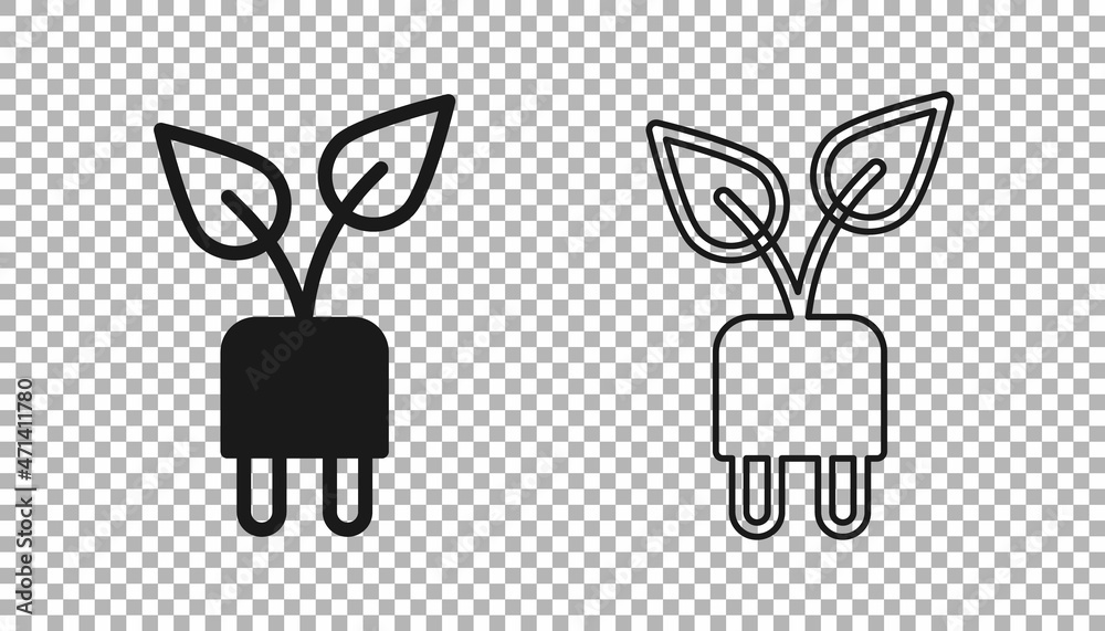 Black Electric saving plug in leaf icon isolated on transparent background. Save energy electricity. Environmental protection. Bio energy. Vector Black Electric saving plug in leaf icon isolated on transparent background. Save energy electricity. Environmental protection. Bio energy. Vector