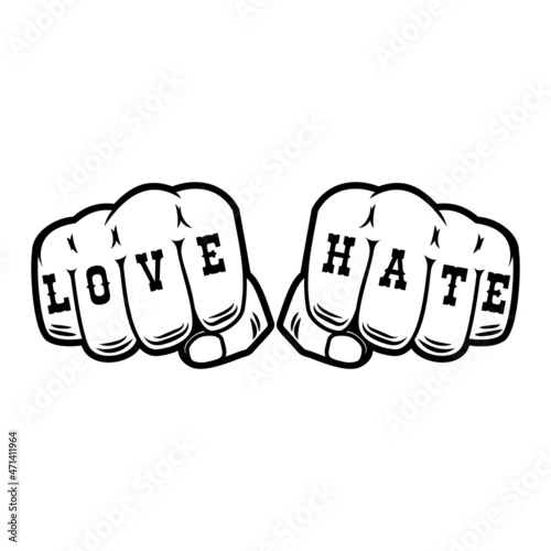 Human fists with tattoo love hate . Design element for logo, label, sign. Vector illustration
