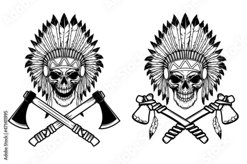Native american skull in traditional headdress and crossed tomahawks. Design element for logo, emblem, sign, poster, t shirt. Vector illustration