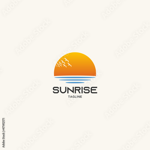 logo design vector illustration icon sunrise, sunset and blue sea