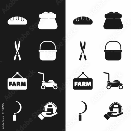 Set Basket, Gardening handmade scissors, Bread loaf, Full sack, Signboard with text Farm, Lawn mower, house and Sickle icon. Vector